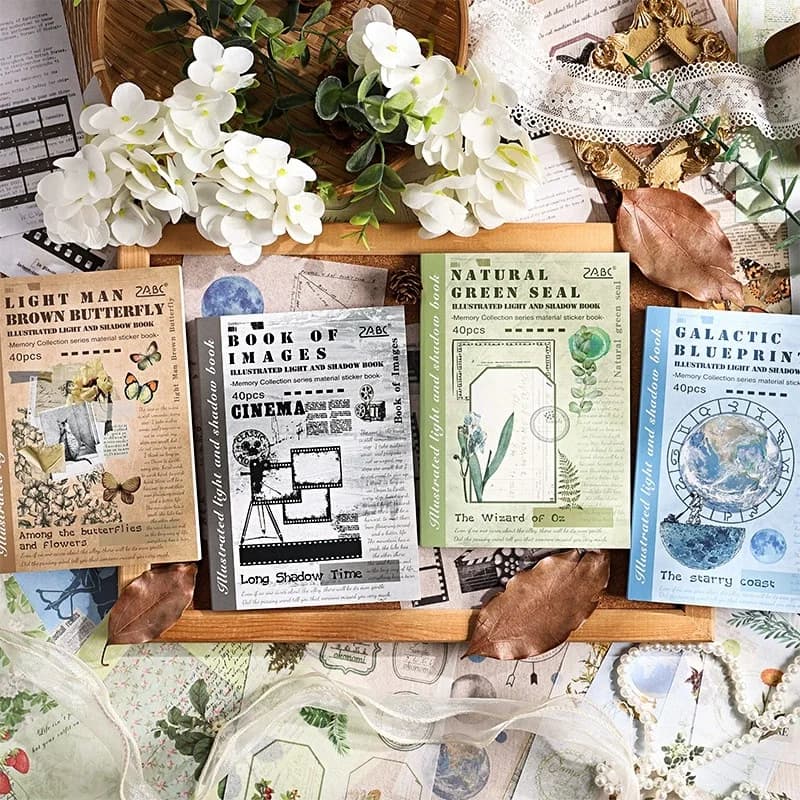 40 Sheets Illustrated Light Shadow Series Sticker Book, Vintage Aesthetic Scrapbook Stickers for Journaling DIY Planner Collage