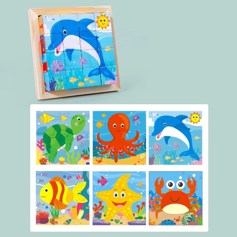 Giocattoli educativi per l'asilo, set di blocchi puzzle in legno a sei lati con cartoni animati, blocchi di abbinamento animali, educazione precoce