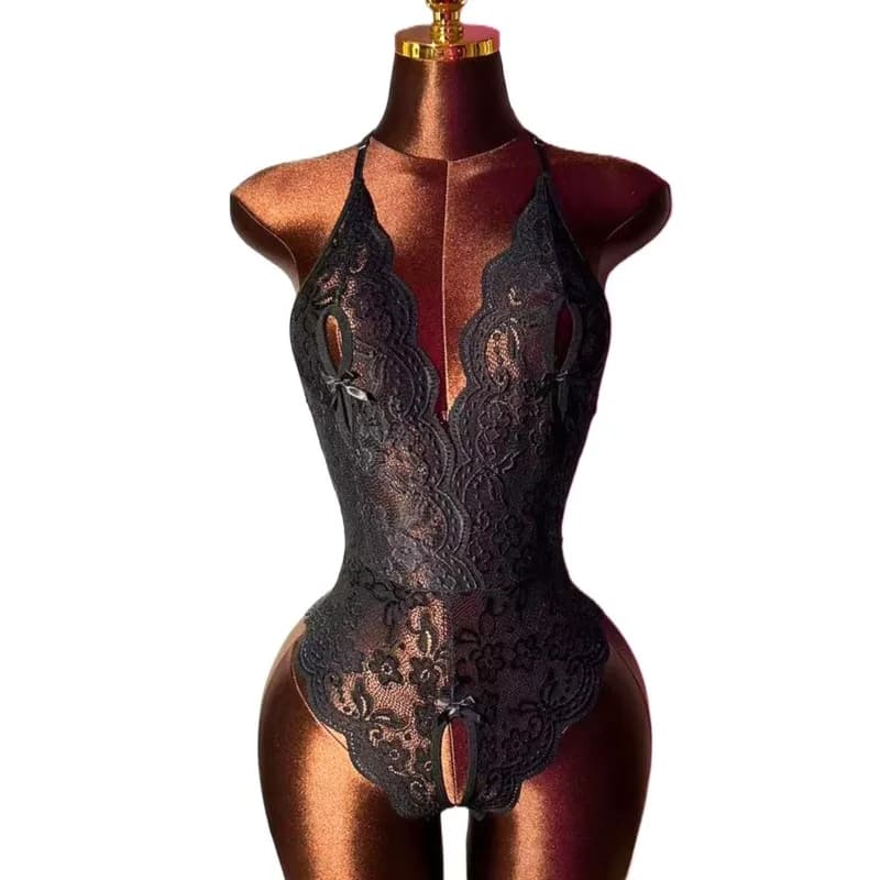 Hot Sexy Crotchless Lingerie Erotica Abito di pizzo nero Abito da babydoll Biancheria intima a V profonda con apertura sul cavallo Pigiama tuta esotica da donna