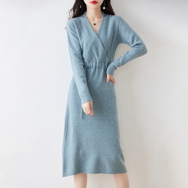 Abito da donna in lana merino al 100% nuovo Autunno Inverno Abito pullover in maglia con scollo a V incrociato Abito lungo con coulisse in vita in cashmere