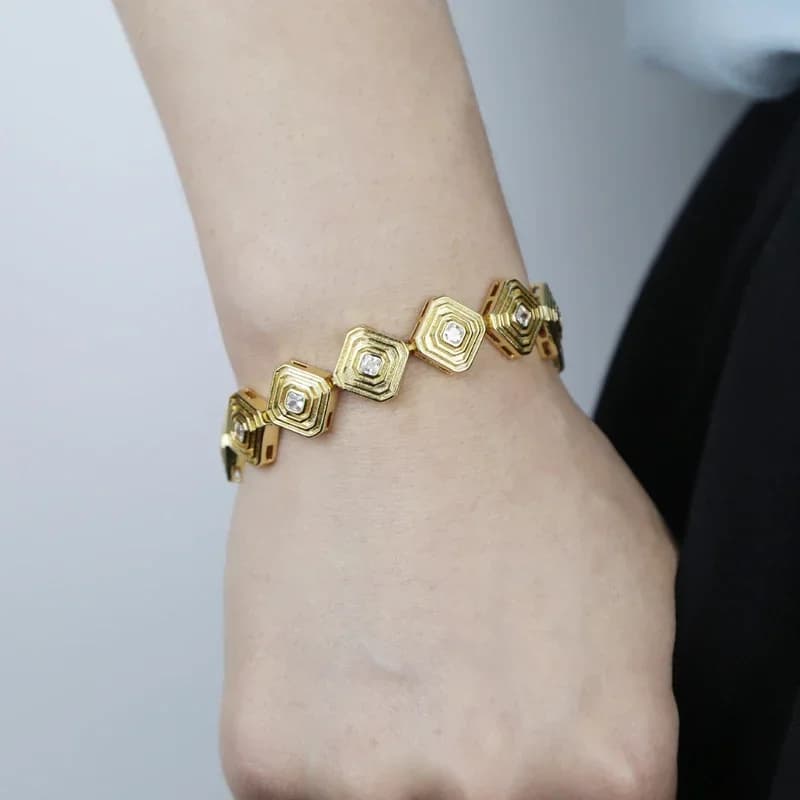 Gold Color Geometric Square Charm Link Chain Bracelet Necklace Pave 5A Cubic Zircon For Women Fashion Jewelry