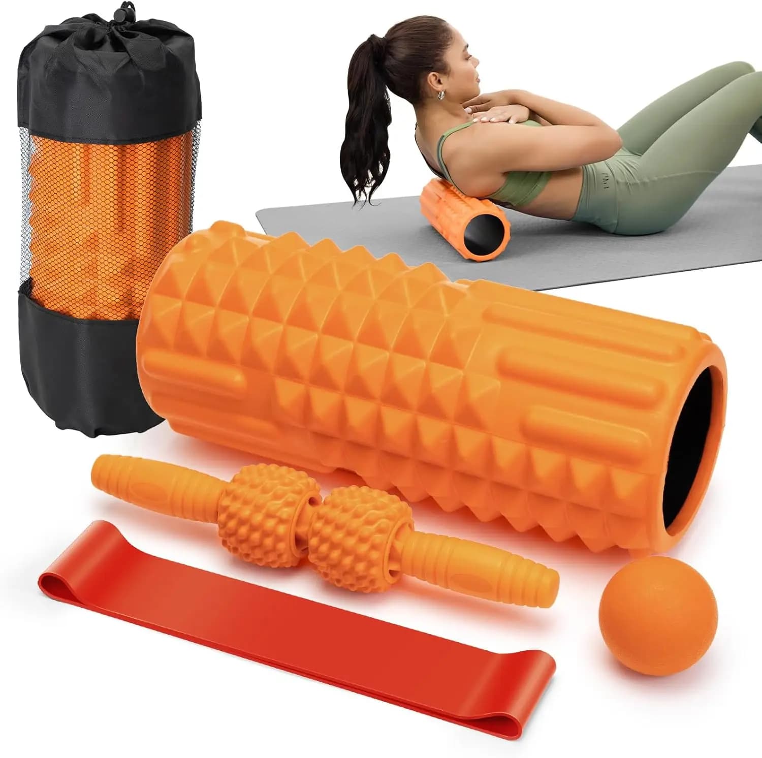 Set of 5-in-1 Foam Rollers for Deep Textile Massage, Muscular Therapy and Physical Recovery (Arancione)