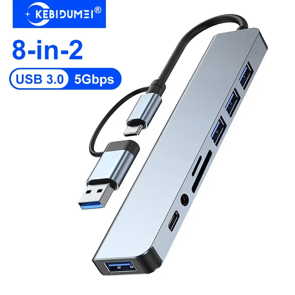 KEBIDUMEI Docking Station USB C a 8 porte Hub USB 3.0 Trasmissione a 5 Gbps Adattatore OTG da tipo C a USB 3.0 Hub per laptop Macbook
