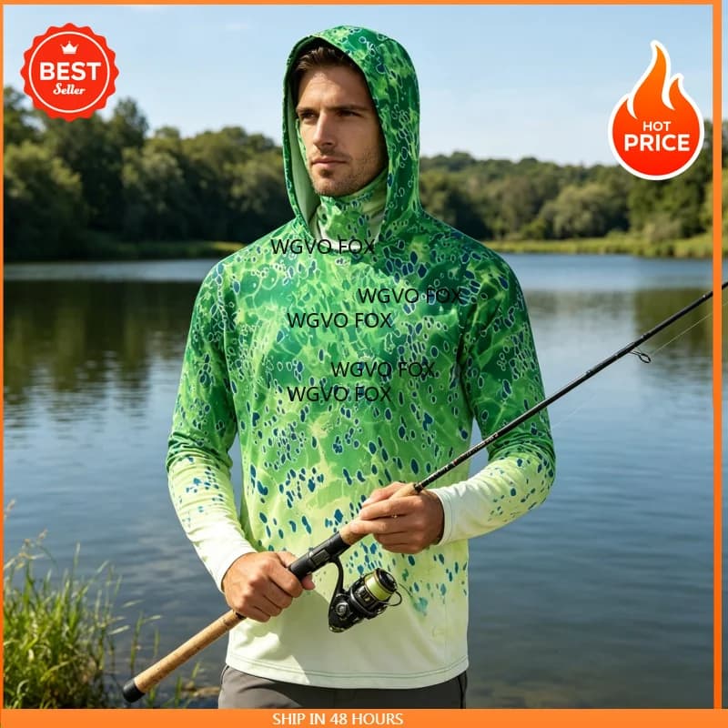 Fishing Clothing for Men UPF 50+, Long Sleeve Shirts with Hood and Facial Mask, Fast Drying Solar Protection