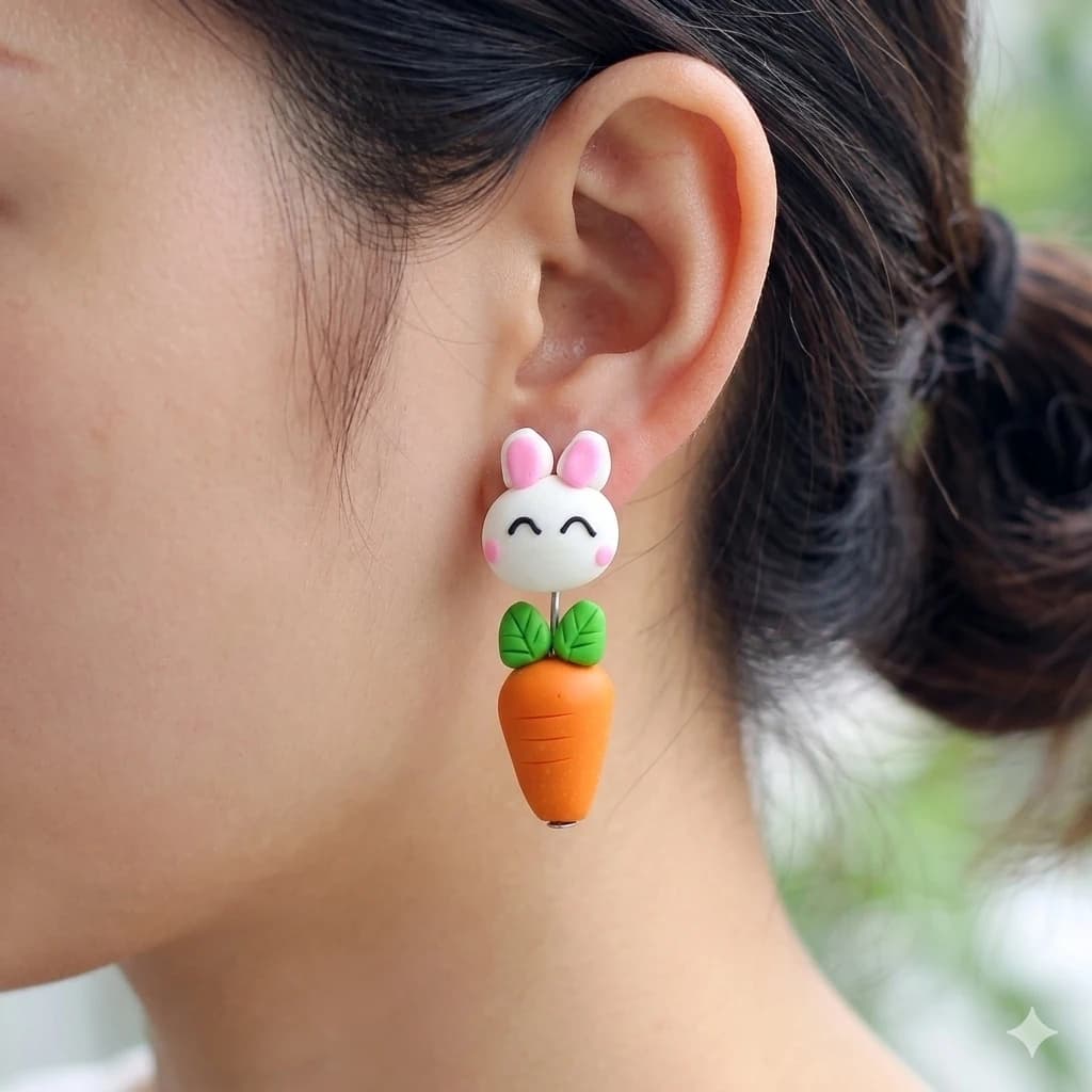 Orecchini a perno 3D fatti a mano a forma di coniglio in argilla polimerica per donne e bambini, simpatici coniglietti bianchi che abbracciano una carota, orecchini a clip frontali e posteriori, stile Kawaii