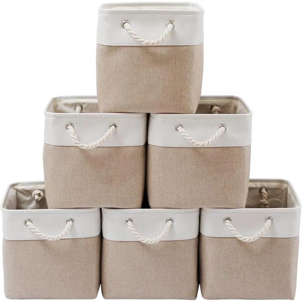Set di 6 Cubi di Stoffa Pieghevoli per Organizzazione con Corde, Extra Large 13x13x13, Bianco e Beige