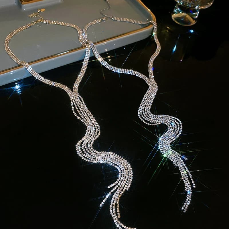 Fashion Shiny Rhinestone Chain Tassel Long Necklace for Women Statement Multi-layer Necklace Elegant Party Jewelry Accessories