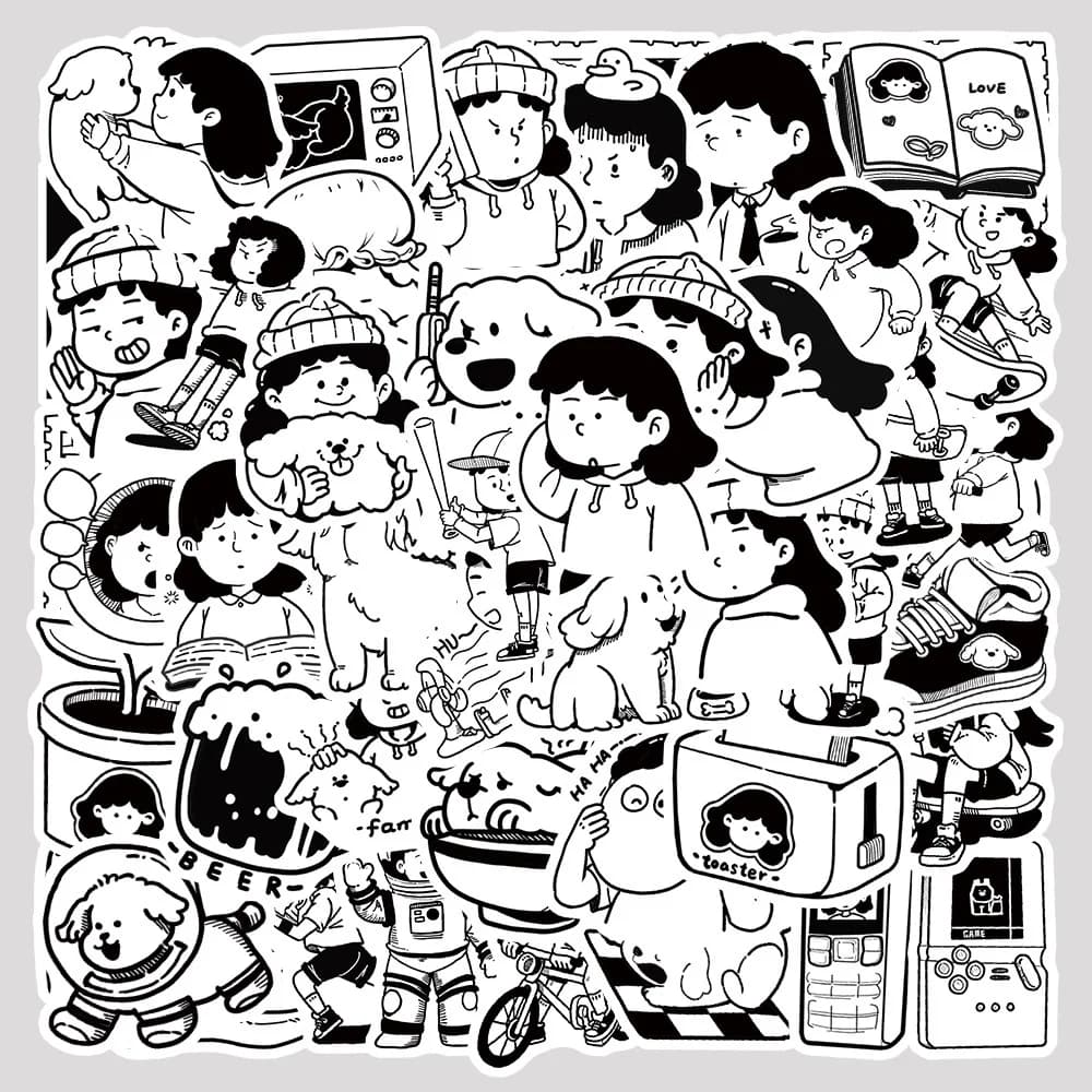 50 Pezzi Adesivi Graffiti Ragazza e il Suo Cagnolino per Casco, Bicicletta, Diario, Astuccio - Decalcomanie Golden Memory Stickers Store