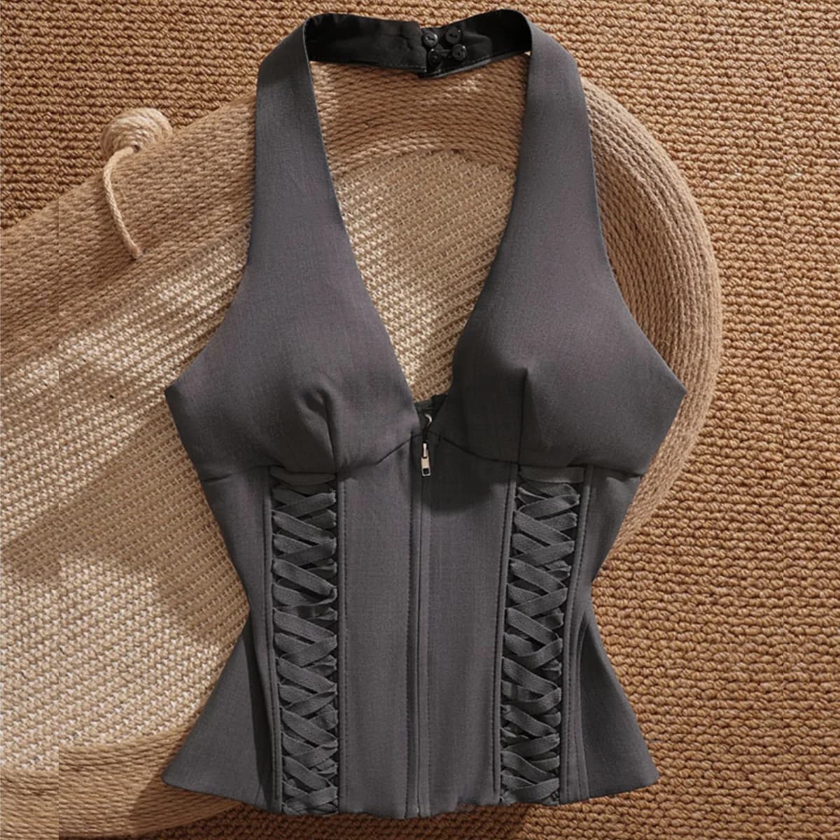 Bandage Shaper Corset Tops Vest Clothes Y2k Sexy Hollow Out Halter Cami Woman French Slim Corsets Bustier Zipper Tank Top Summer