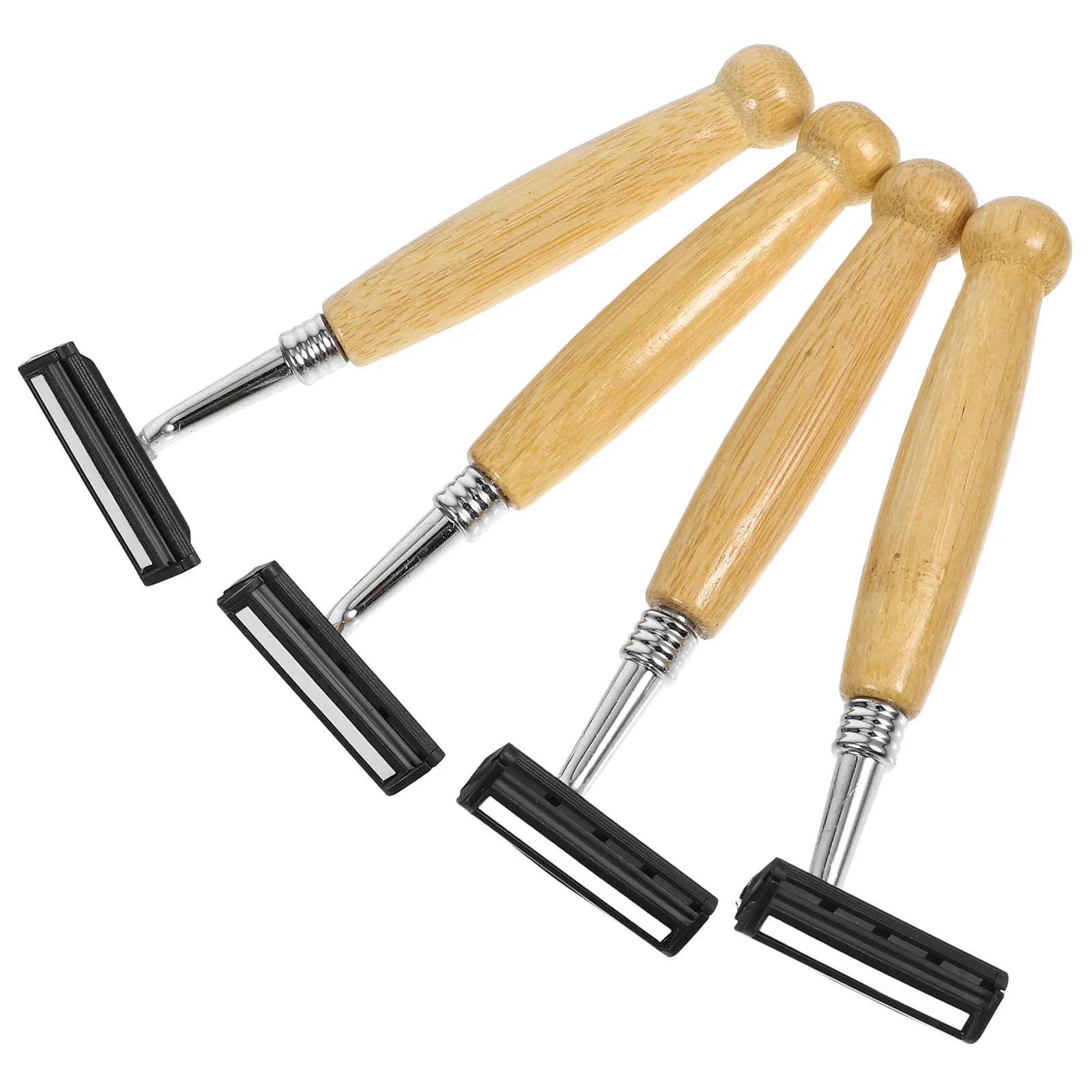 Set di 4 Rasoi Manuali con Manico in Bambù e Lama in Acciaio Inox per Uomo e Donna, Rasatura Liscia e Precisa, Tagliabarba e Trimmer per Peli del Corpo