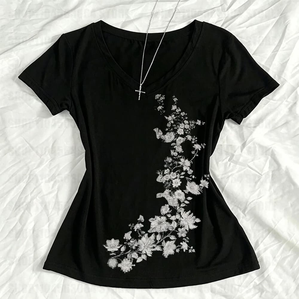 Women American Vintage Flower Print T-shirt Summer Grunge Retro Slim Fit Tees Y2K Harajuku Grunge Short Sleeve Hottie Tops New
