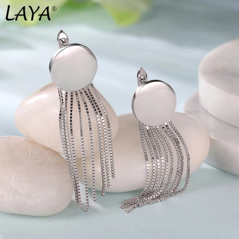 LAYA NEW 925 Sterling Silver Plain Silver Creativity Tassel Bohemian Style Earrings For Women Wedding Original Fine Jewelry