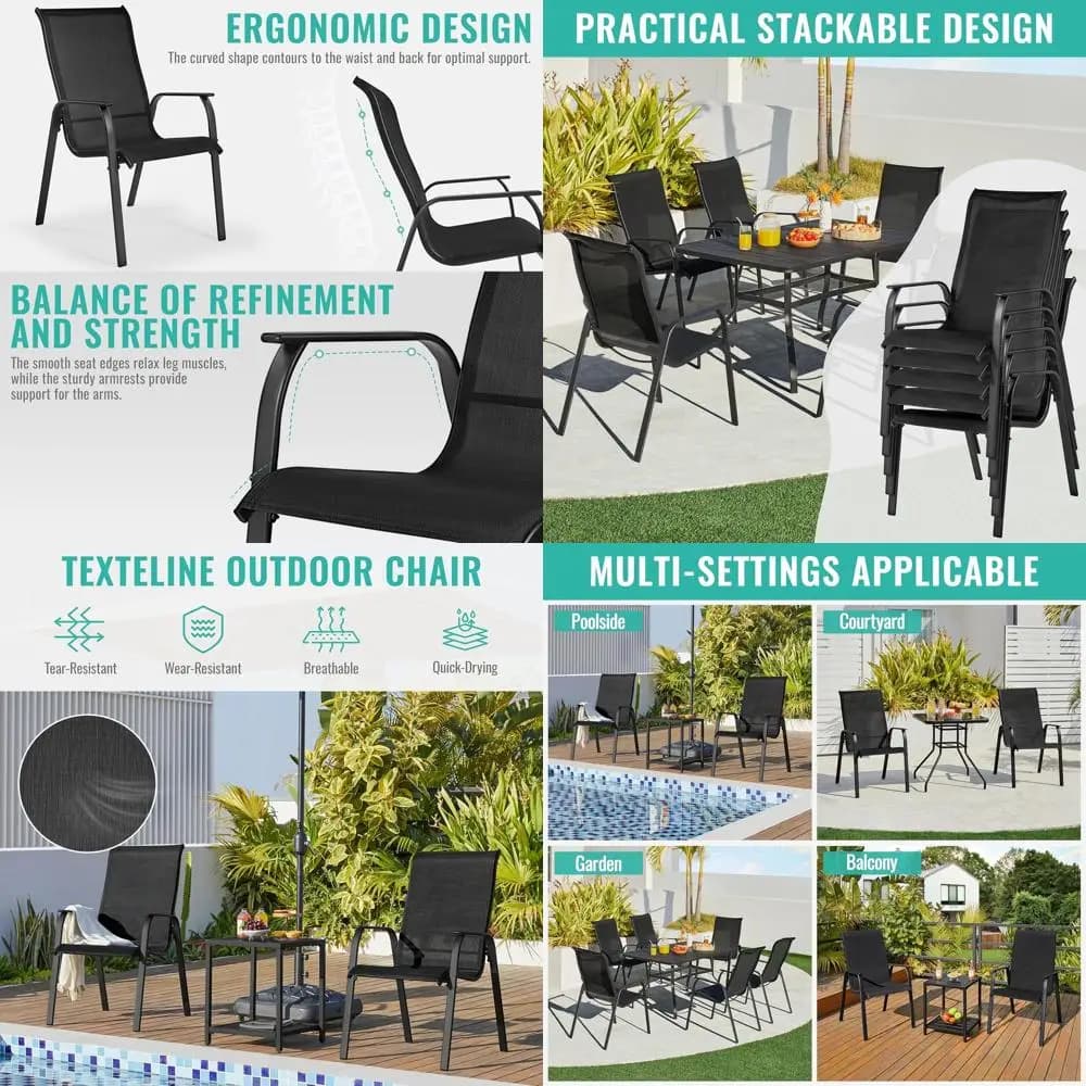 Sedie da pranzo impilabili per esterni, resistenti alle intemperie con schienali e braccioli, ideali per giardino, prato, portico e piscina, B