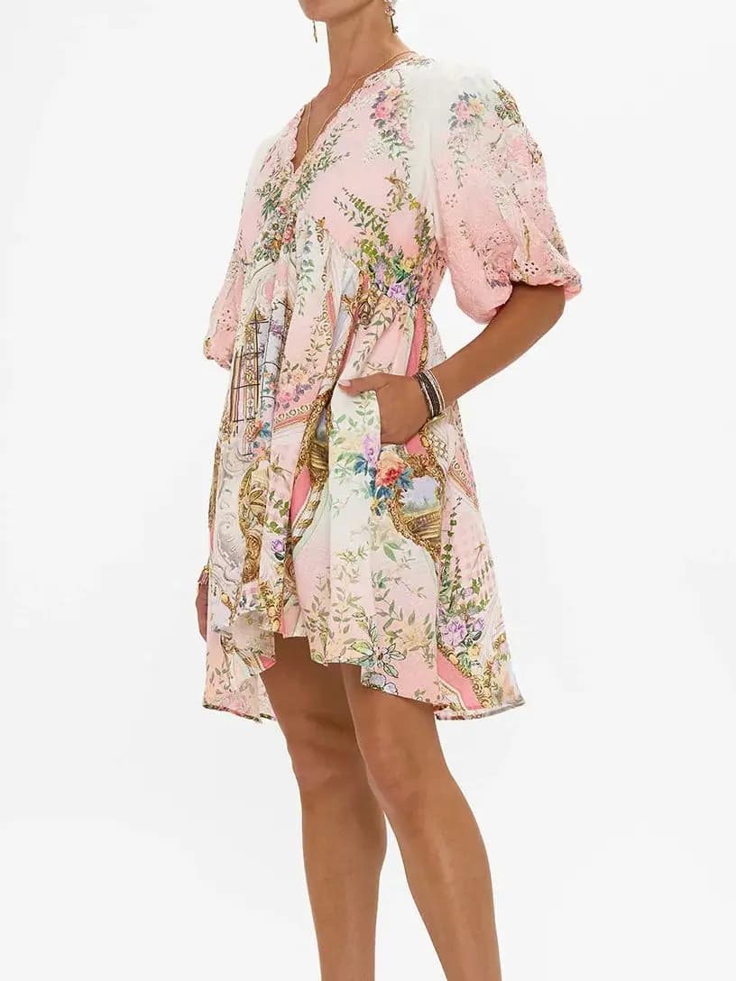 2025 new women linen dress pink floral print heavy beads V-neck sweet lantern mini women's dress