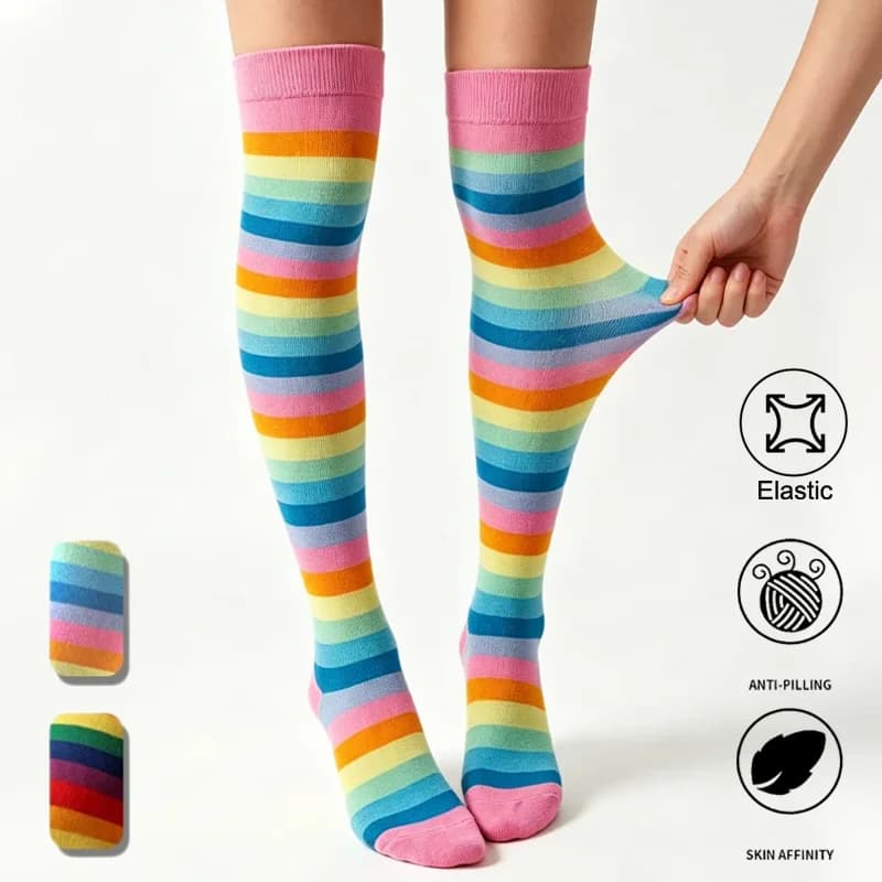 Womens Striped Pastel Rainbow Over the Knee Socks Cute Comfortable Style for Parties Everyday Outfits Fashion
