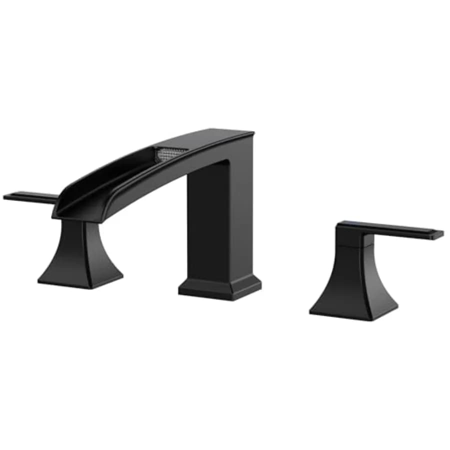 Set rubinetto per vasca da giardino, ottone, nero, con beccuccio a cascata e tubo preinstallato per installazione a 3 fori su piano.