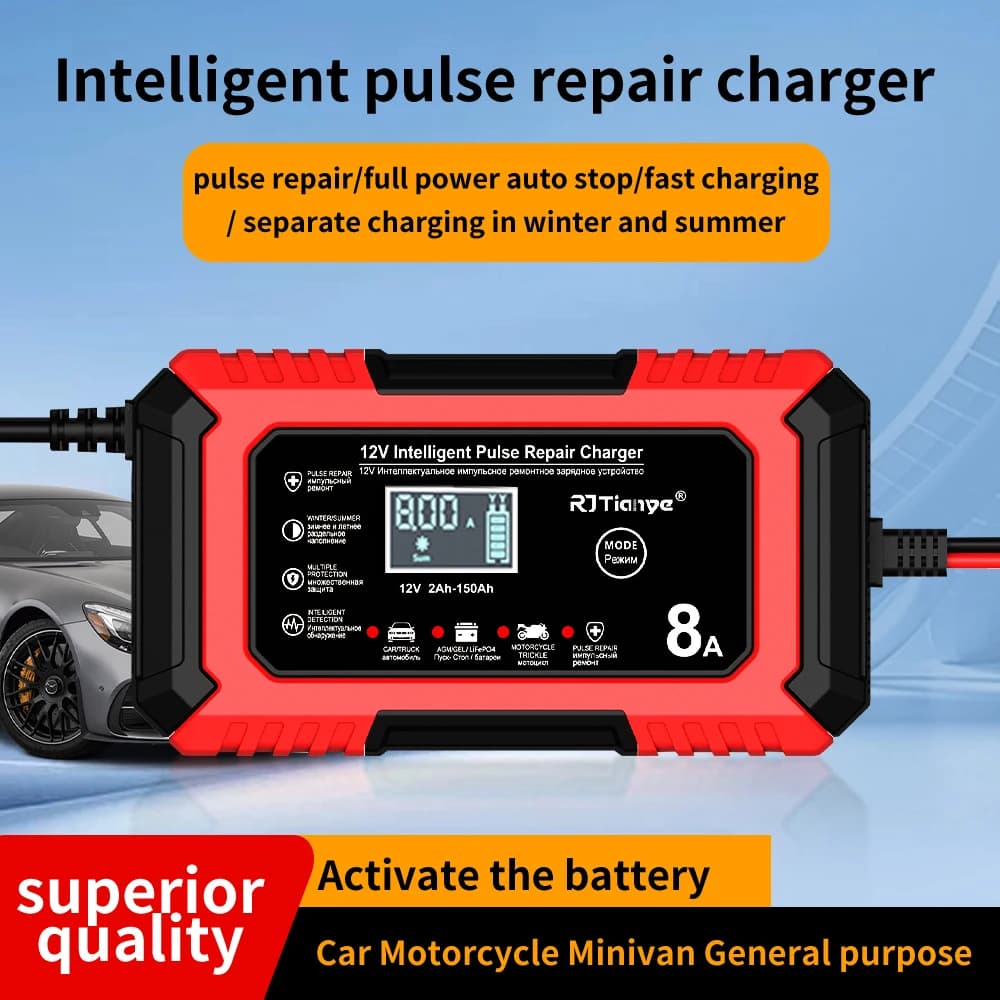 12V 8A Smart Car Battery Charger Automatic Start Fast Charger Pulse Repair Motorcycle Truck Battery Charger GEL Lead Acid