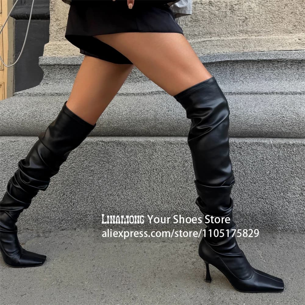 Slouchy Over The Knee Stiletto Boots Square Toe Fold Over Thigh High Over the Knee Boots Slouchy Knee High Stiletto Women Boots