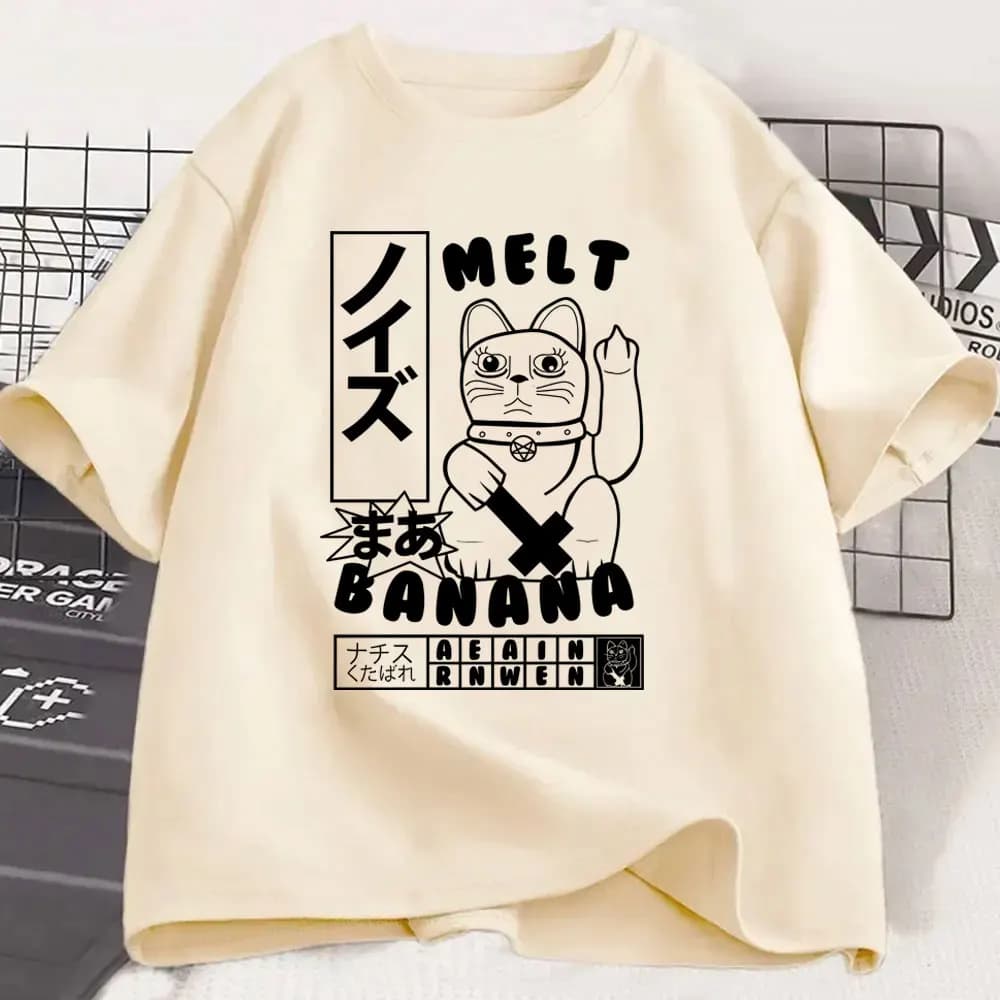 T-shirt divertente con meme del gatto banana e dito medio, abbigliamento casual da uomo e donna, maglietta oversize unisex, streetwear in stile giapponese