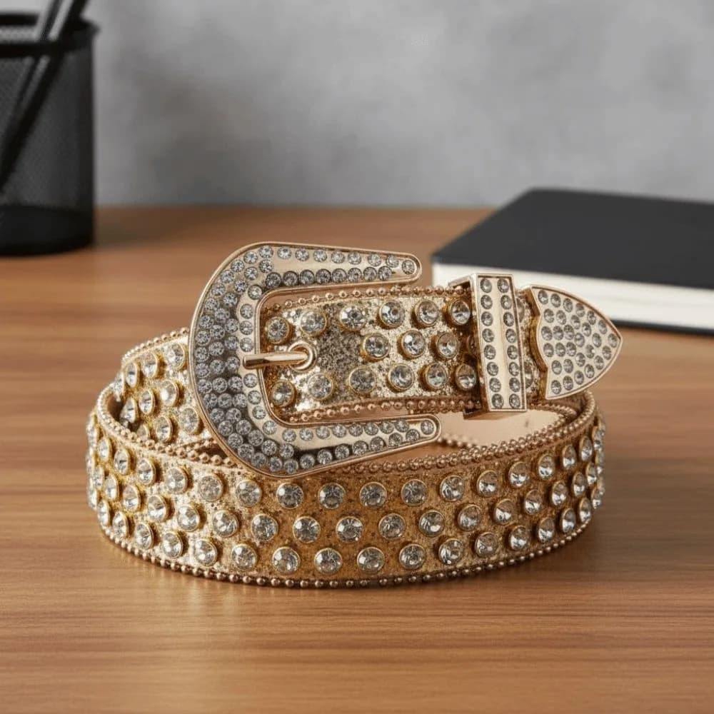 Cintura Western Luccicante Completamente Decorata con Strass, Bordo Perlato e Cristalli, in Ecopelle Resistente
