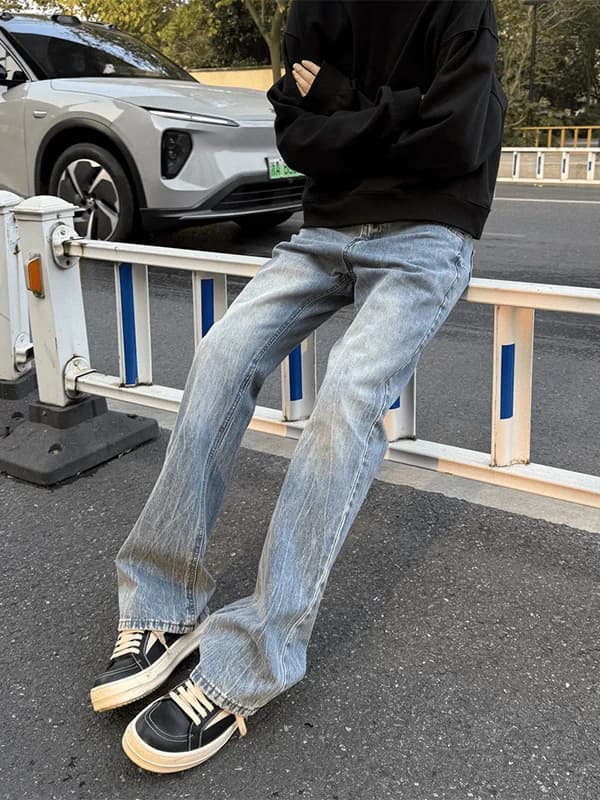 Retro Washed American High Street Vibe Men's Blue Bell Bottom Jeans Slim Straight Leg Casual Cotton Denim for Autumn Winter