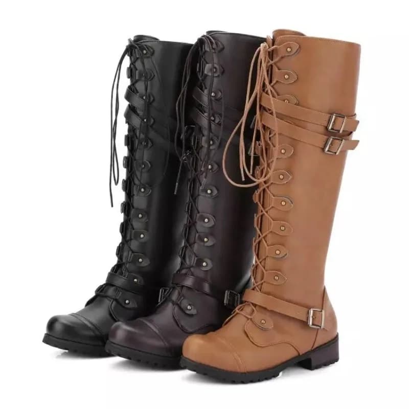 Women Retro PU Knee High Boots Lace Up Platform Sexy Buckle Luxury Designer Fashion Daily Outdoor Snow Footwear