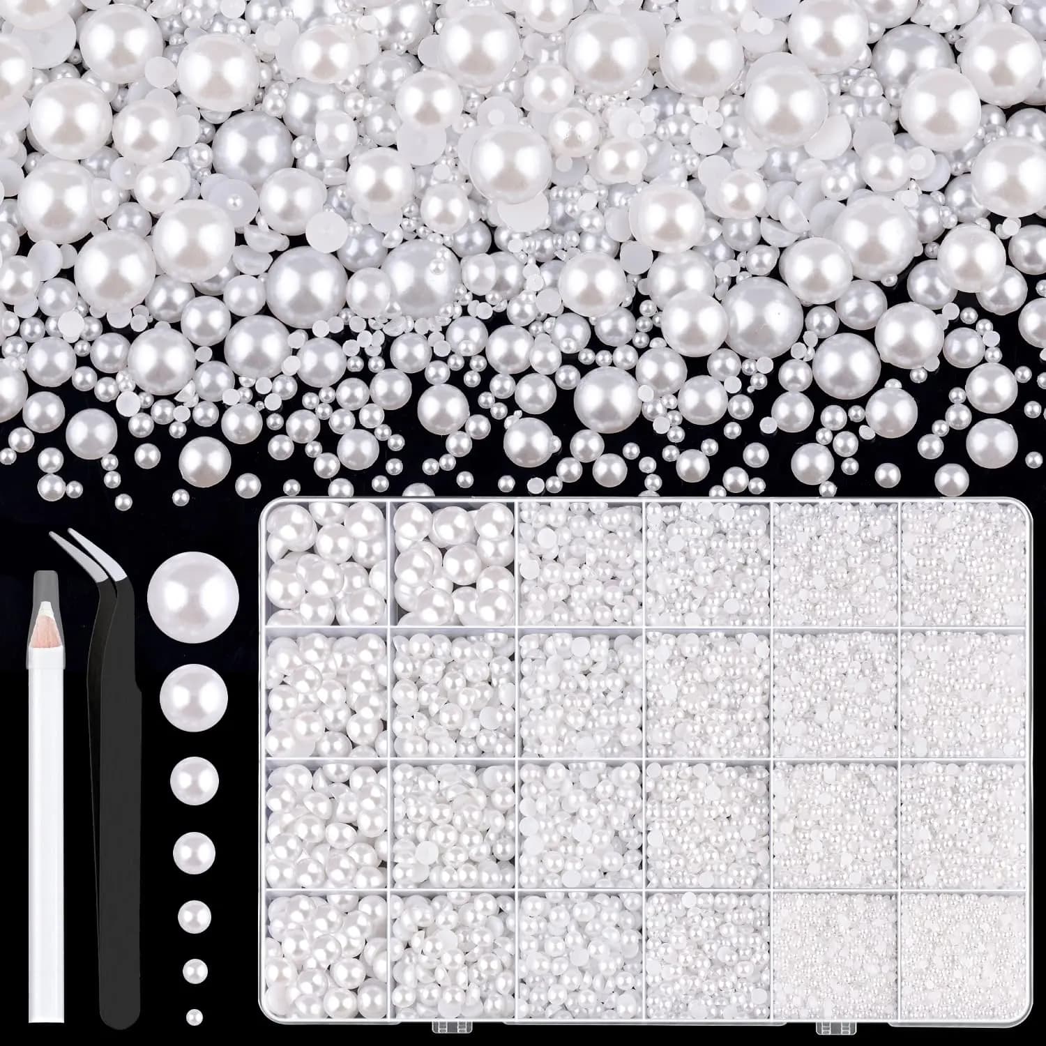 13000 pezzi di perle con retro piatto per realizzare bianco beige, dimensioni assortite 2/3/4/5/6/8/10 mm mezza perla per nail art con pinzetta per penna