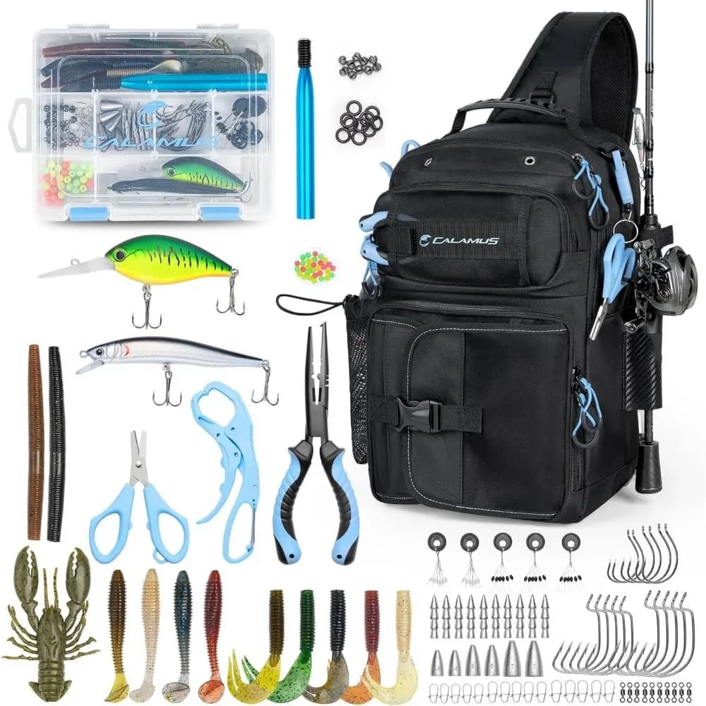 Borsa a tracolla completa per la pesca e kit di attrezzi con scatola porta esche, esche, pinze, forbici, lip gripper e attrezzo Wacky