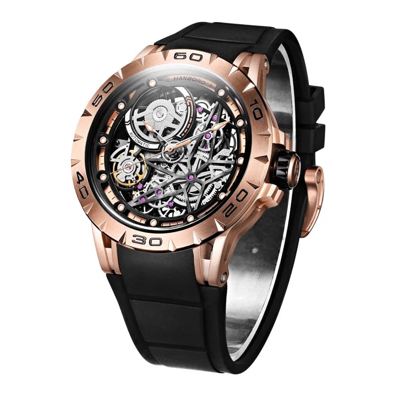 HANBORO Orologio automatico da uomo 45MM Orologio da polso meccanico Impermeabile Luminoso Specchio in zaffiro Quadrante scheletrato Miyota 6T15