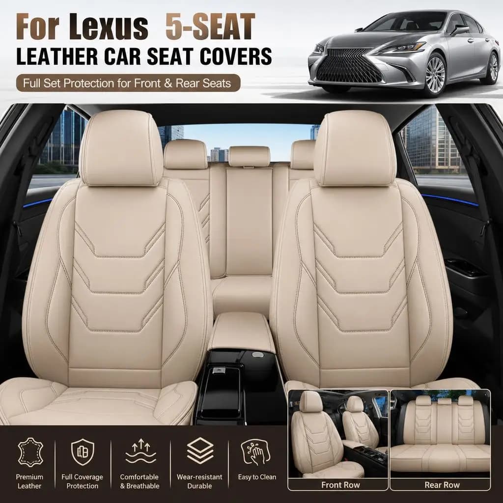 Premium Full Set Car Seat Covers For Lexus 5 Seats PU Leather Beige Front Rear Seat Protectors Interior Cushion Pads