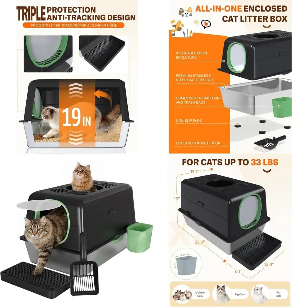 Lettiera per Gatti in Metallo Grande con Coperchio, Design Chiuso, Include Paletta e Contenitore per Rifiuti, Nera