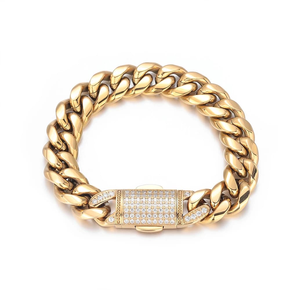 Collana e Bracciale Cubano NY Boutique Jewelry da 12 mm, Placcato Oro, con Chiusura a Lucchetto e Zirconi, Stile Hip-Hop alla Moda