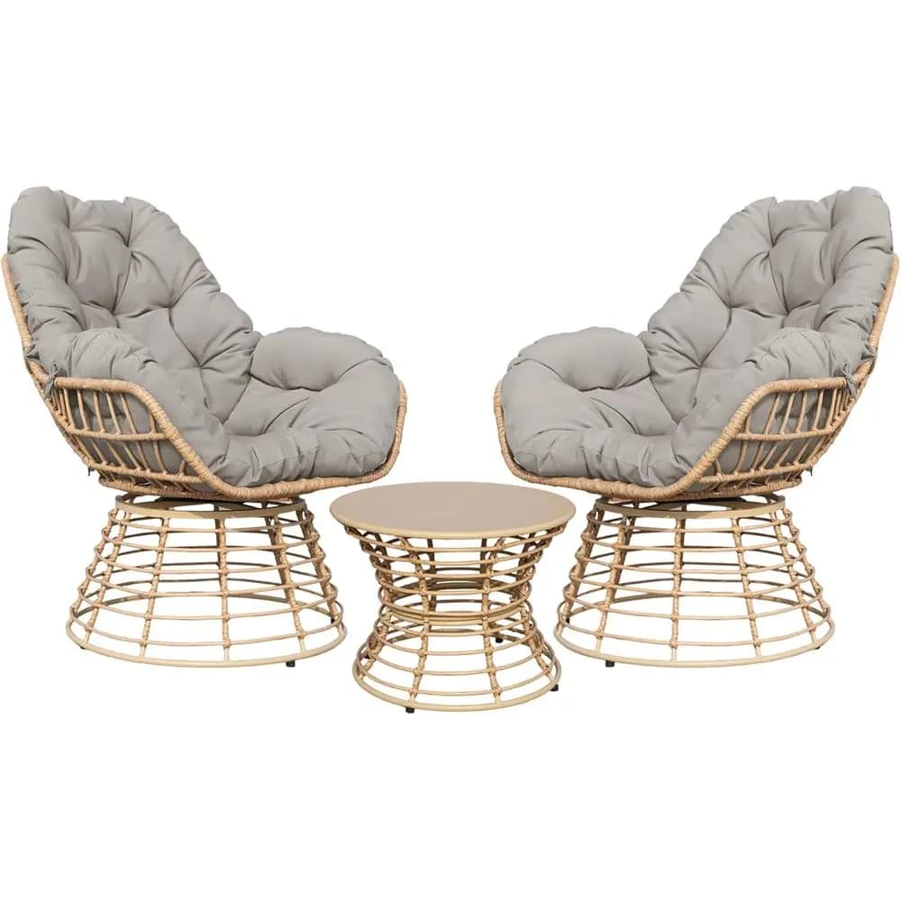 Luxury 360° Swivel Wicker Lounge Chair Set with Cushion and Side Table for Patio, Balcony, or Yard (Grey)