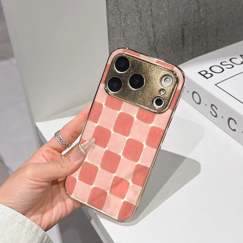 Horizon Phone Case For iPhone 17 16 15 14 13 12 11 Pro Max 16E Gold Electroplated glass shell Blush Checkerboard Geometry Cover