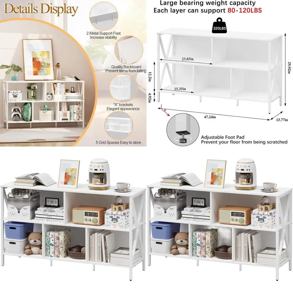5 Cubi Modern Industrial Library, White and Metal Wood Organizer, Shelf Open for Home, Office and Living Room