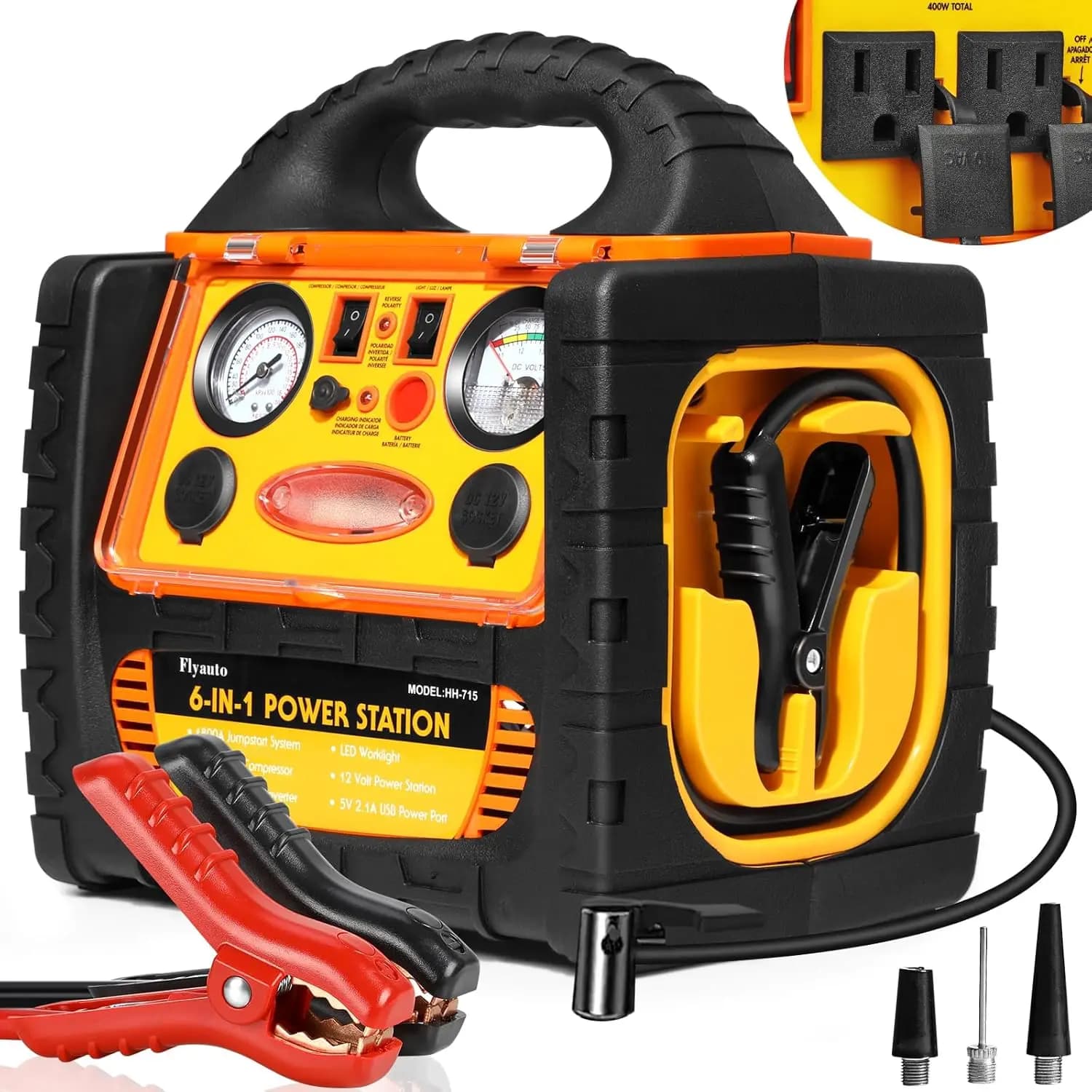 Stazione di Alimentazione Portatile 6-in-1 con Avviatore d'Emergenza 1800A, Compressore d'Aria, Inverter 400W e Prese Multiple