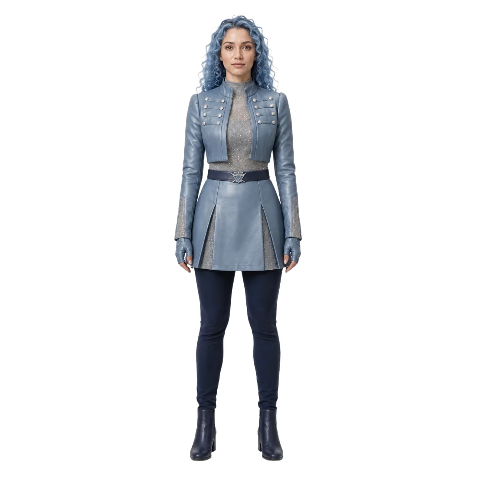 Movie Blue Chloe Charming Cosplay Costume Women Leather Jacket Pleated Skirt Set with Tight Pants Gloves Halloween Party Uniform