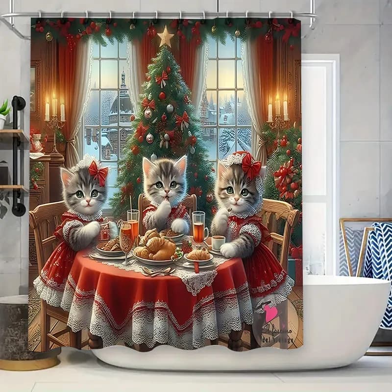 "Curina da doccia per cena di Natale con gatti carini – Decorazione festiva per il bagno con gattini stampati in 3D, albero e scena di neve