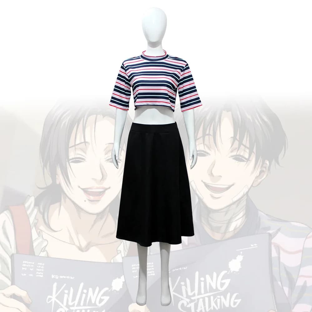 Costume Cosplay Manga Killing Stalking Yoon Bum, Parrucca Corta Nera e Marrone, Set T-Shirt+Gonna, Costume Unisex per Halloween e Carnevale