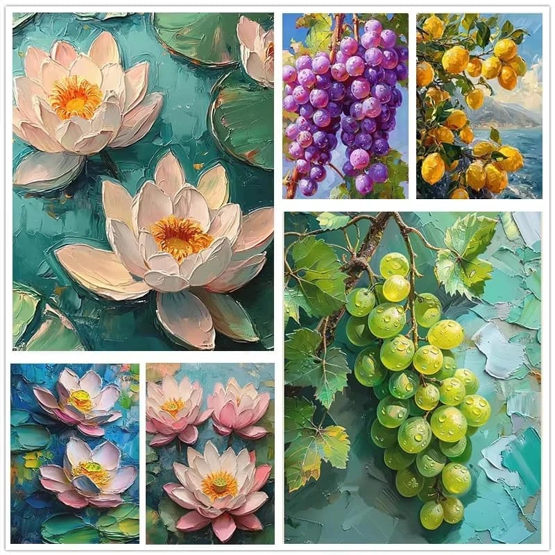 DIY Oil Painting Kit for Adults Spring Floral Lemon Lotus Grape Artwork Paint By Numbers Canvas Wall Art Home Decor Gift