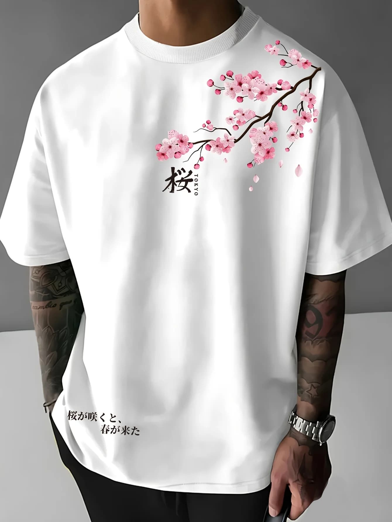 Mens Summer Cherry Blossom Pattern T-shirt Loose Fit Suitable for Casual Wear 100% Pure Cotton Material Trendy and Versatile