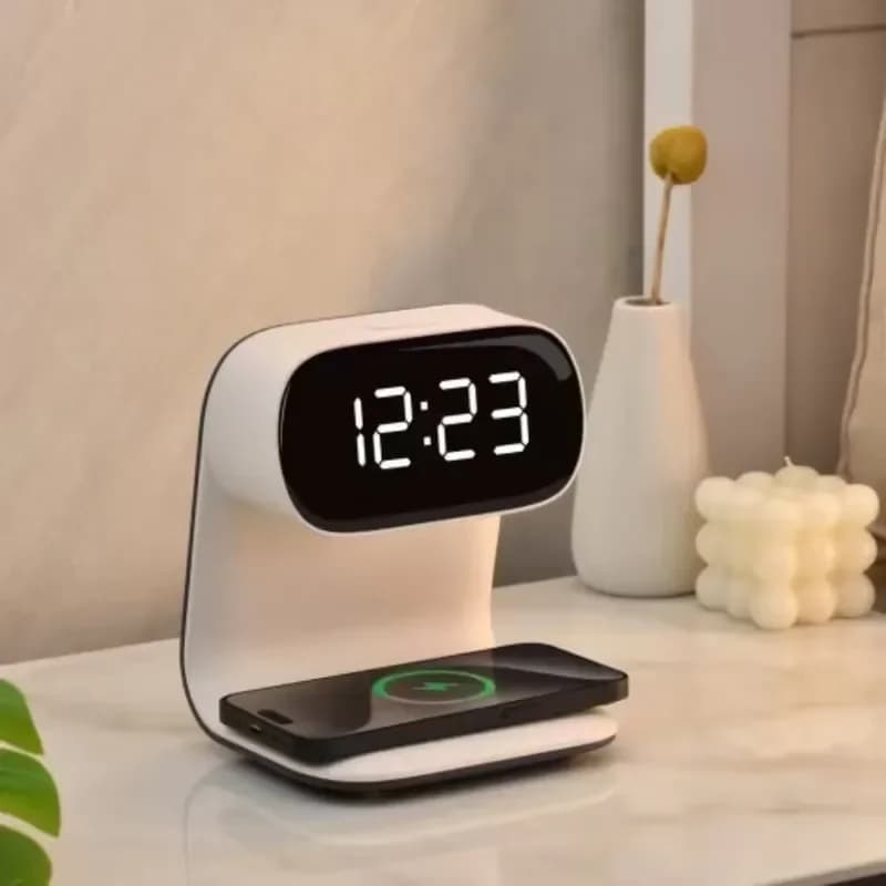 Bedroom with Alarm Clock Touch Sensitive Bedside Desk Lamp Wireless Charger Light Emitting Diode Night Light