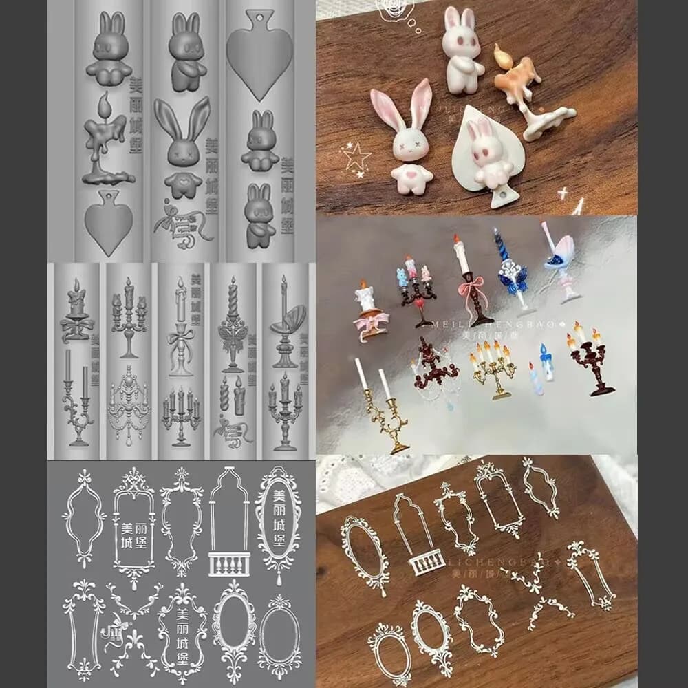 1Pc Rococo Picture Frame Candlestick Rabbit Ribbon Bow 3D Acrylic Mold Nail Art Decorations DIY Silicone Templates Nail Mold
