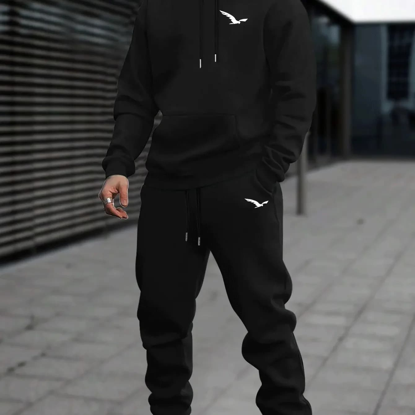 2026 bird printed sportswear set men's hooded sweatshirt long pants set spring and autumn winter warm suit