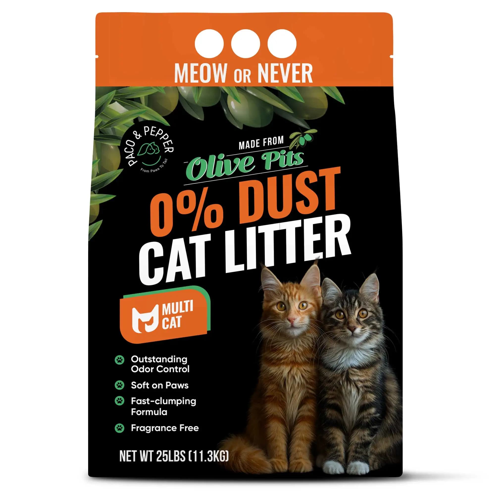 Olive pit based natural clumping cat litter unscented dust free for multiple cats 25 lb bag