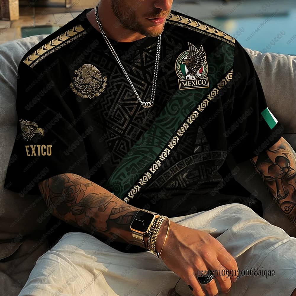 Maglietta con stampa della bandiera nazionale messicana per uomo, divertente grafica 3D con aquila, t-shirt a maniche corte, abbigliamento sportivo da calcio per esterni, top casual.