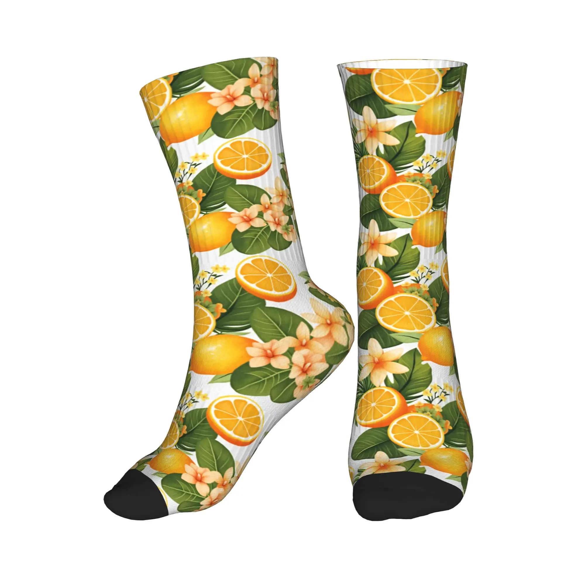 Funny Men's Tropical Orange Lemon Plumeria Floral Seamless Print Dress Socks Unisex Warm Comfortable 3D Printing Crew Socks