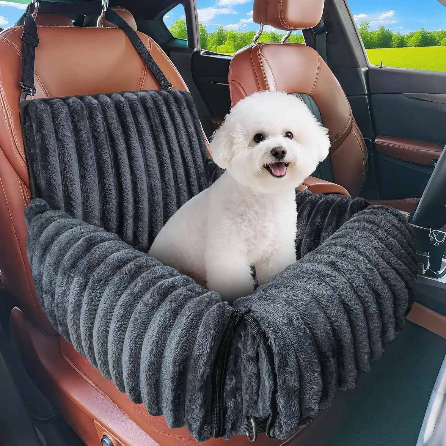 Seggiolino auto per cani per animali di piccola taglia/media fino a 25 libbre, marsupio multifunzionale con copertura lavabile e guinzaglio di sicurezza, grigio