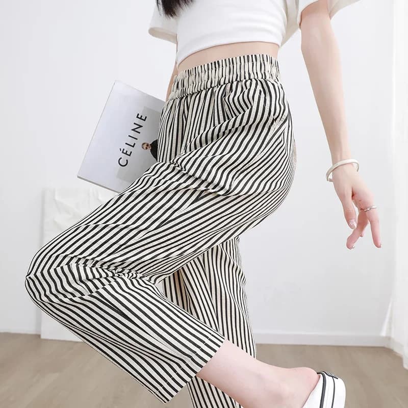 Pantaloni a righe verticali per donna Pantaloni Harem casual Pantaloni corti affusolati con cintura elastica in vita primaverile sottile e confortevole