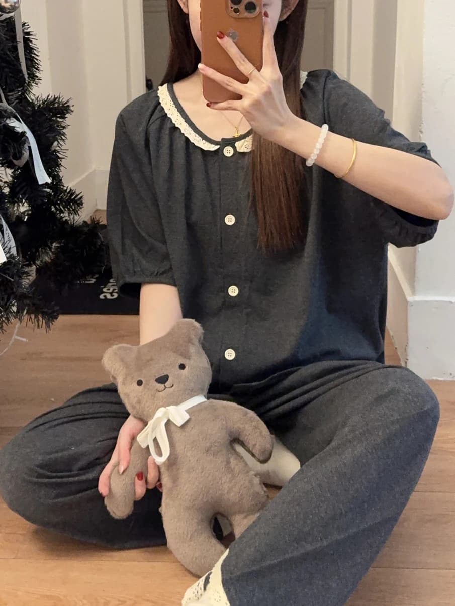 Women's soft cotton pyjamas spring 2026, short sleeve casual set for home, with floral print, comfortable and breathable
